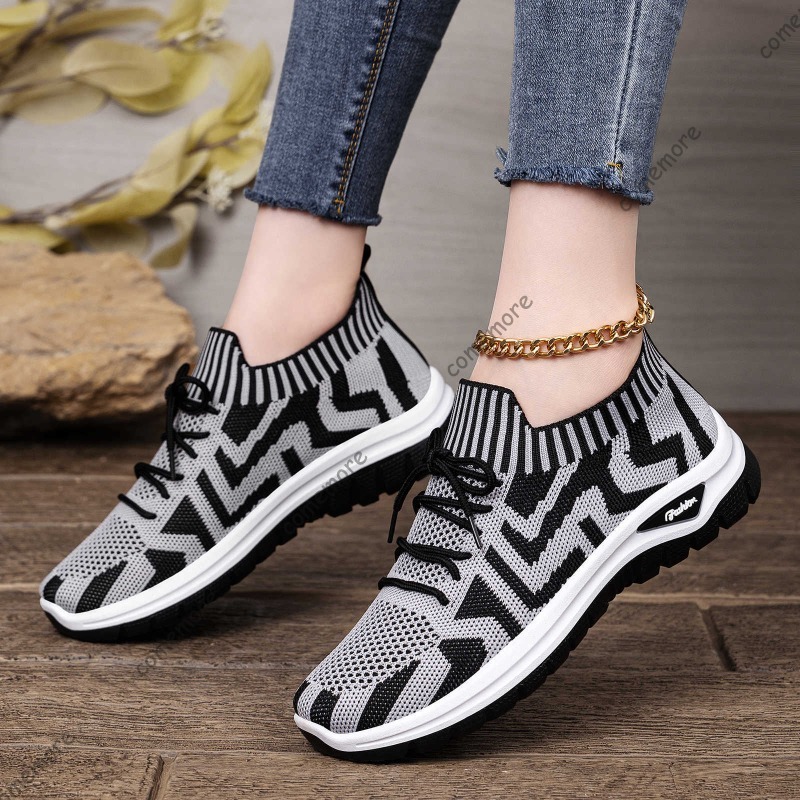 Sepatu Slip-On Rajut Wanita Se - Knit Fabric Lace Up Sneakers ulasan dan harga